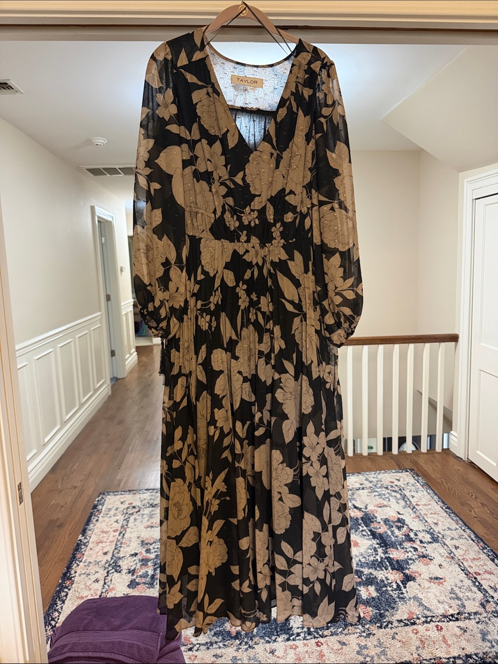 Taylor Black and Tan Floral V-Neck Maxi Dress